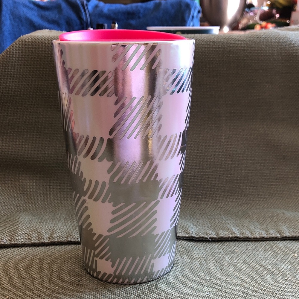 Starbucks Metallic Silver Tumbler with Bright Pink lid 12 Oz - Picture 2 of 6